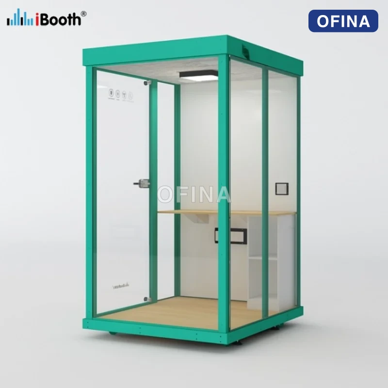 Cabin cách âm 1 người khung xanh ngọc — ba mặt kính, bàn gỗ gắn vách