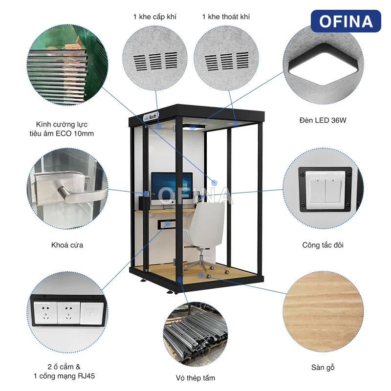 Sơ đồ linh kiện cabin 1 người ba mặt kính: kính cường lực tiêu âm ECO 10mm, đèn LED 36W, khoá cửa, công tắc đôi, 2 ổ cắm và 1 cổng mạng RJ45, 1 khe cấp khí, 1 khe thoát khí, vỏ thép tấm, sàn gỗ