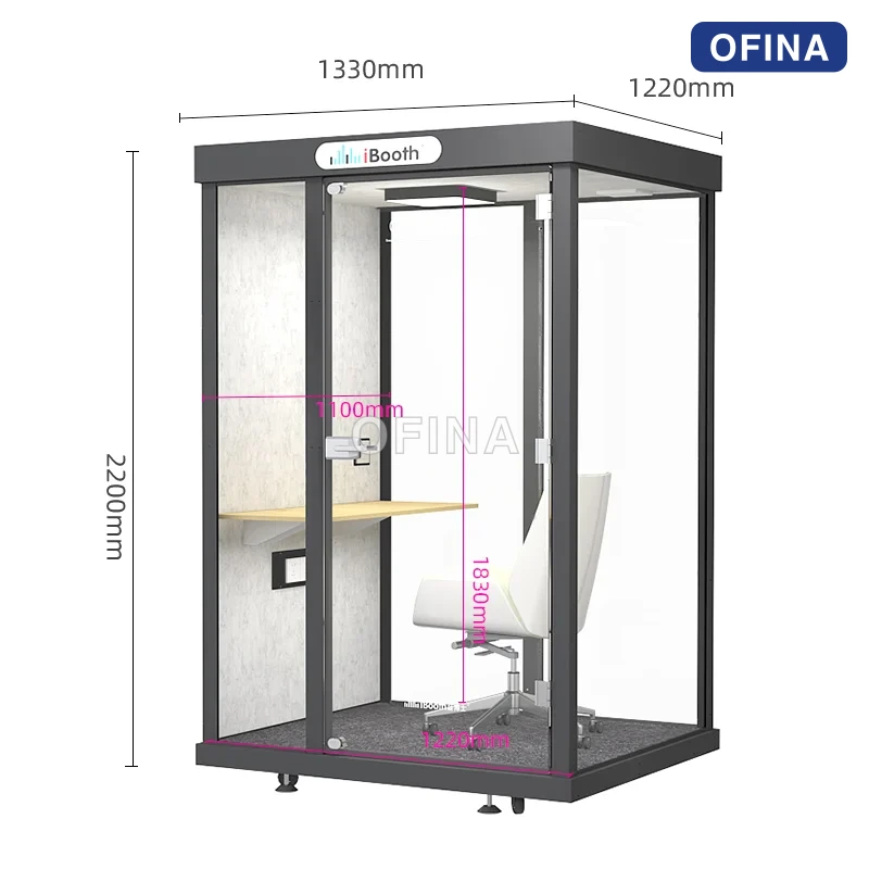 Sơ đồ kích thước cabin 1 người: phủ bì 1330 × 1220 × 2200 mm, chiều cao lòng trong 1830 mm