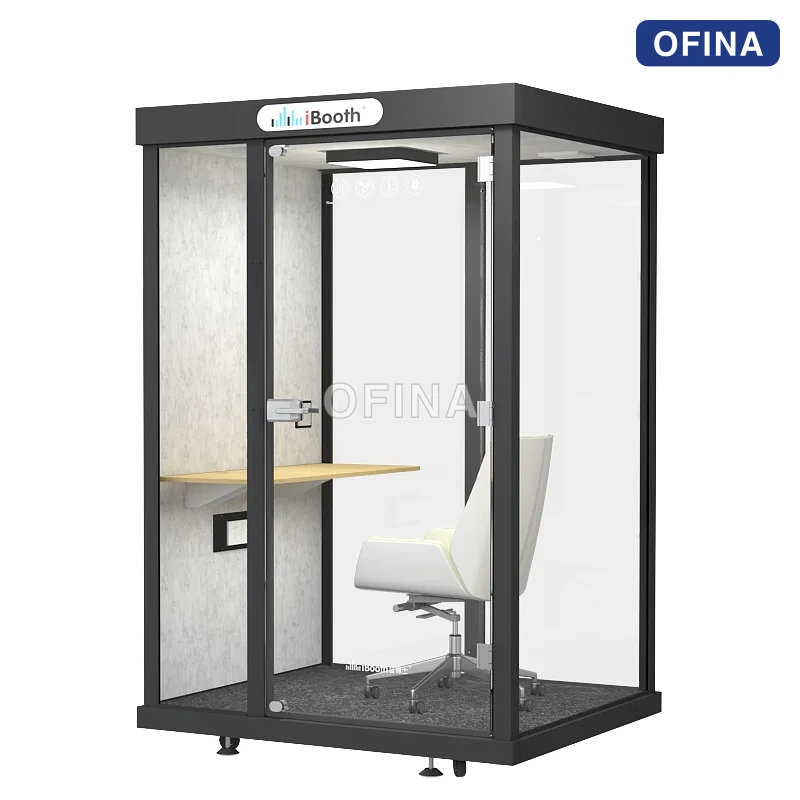 Cabin cách âm 1 người khung đen — ba mặt kính, bàn làm việc và ghế xoay