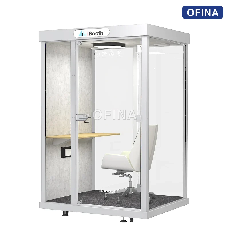 Cabin cách âm 1 người khung trắng — nhìn chính diện qua cửa kính
