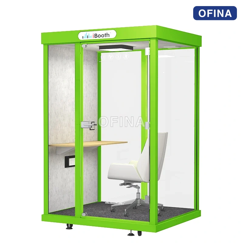 Cabin cách âm 1 người khung xanh lá — bàn gắn vách và ghế xoay bên trong