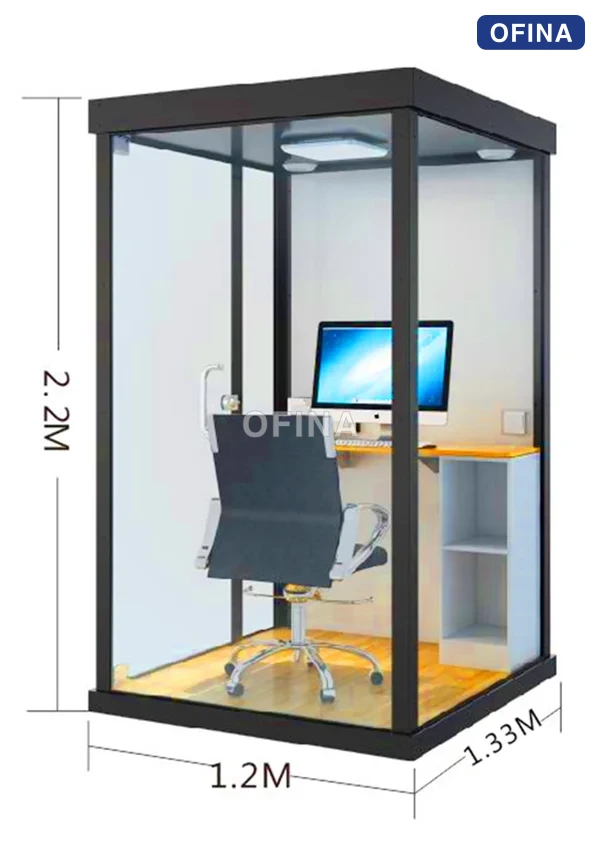 Sơ đồ kích thước cabin 1 người kèm bố trí bên trong: 2,2 m cao × 1,2 m × 1,33 m, có bàn và màn hình