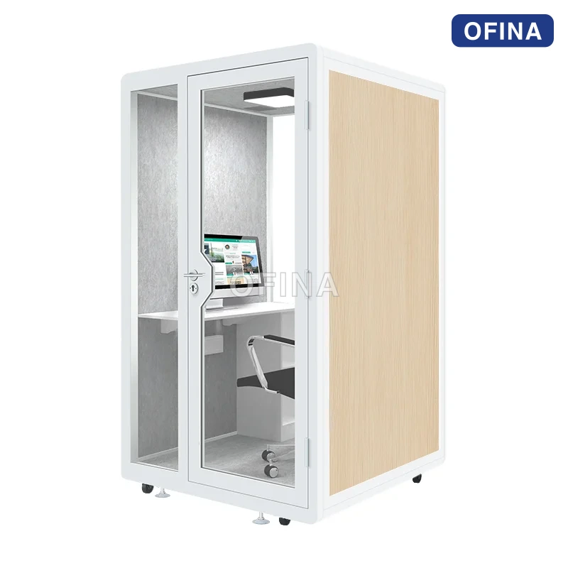 Cabin cách âm di động 1 người — vỏ vân gỗ, kèm bàn làm việc