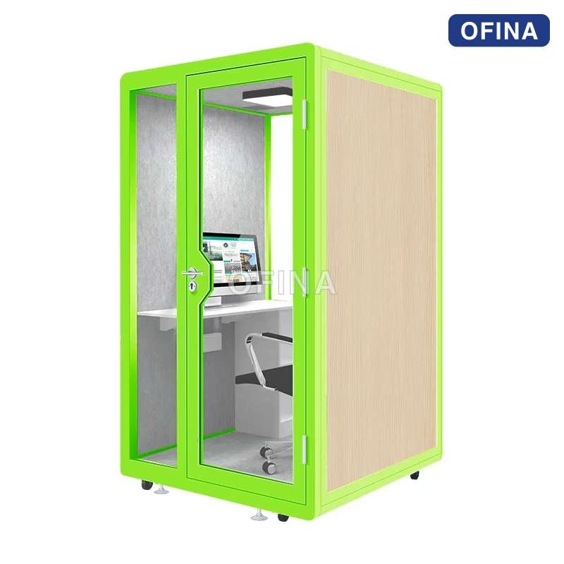 Cabin cách âm 1 người vỏ vân gỗ khung xanh lá — nhìn chính diện