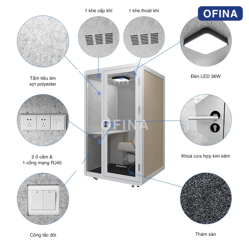Sơ đồ linh kiện cabin 1 người vỏ vân gỗ: tấm tiêu âm sợi polyester, đèn LED 36W, khoá cửa hợp kim kẽm, công tắc đôi, 2 ổ cắm và 1 cổng mạng RJ45, 1 khe cấp khí, 1 khe thoát khí, thảm sàn
