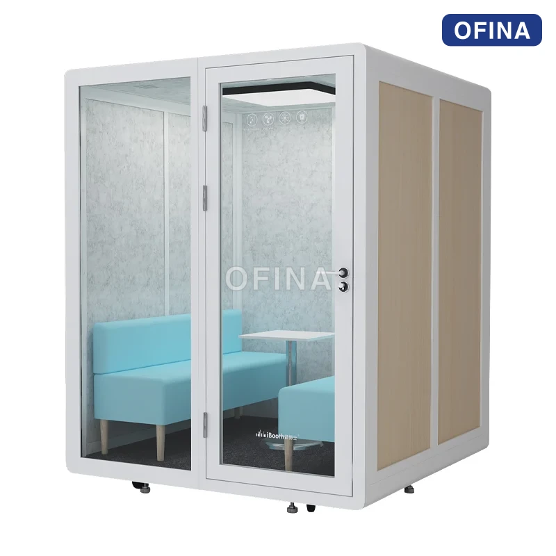 Cabin cách âm 6 người vỏ trắng — băng ghế bọc nỉ xanh, vách gỗ