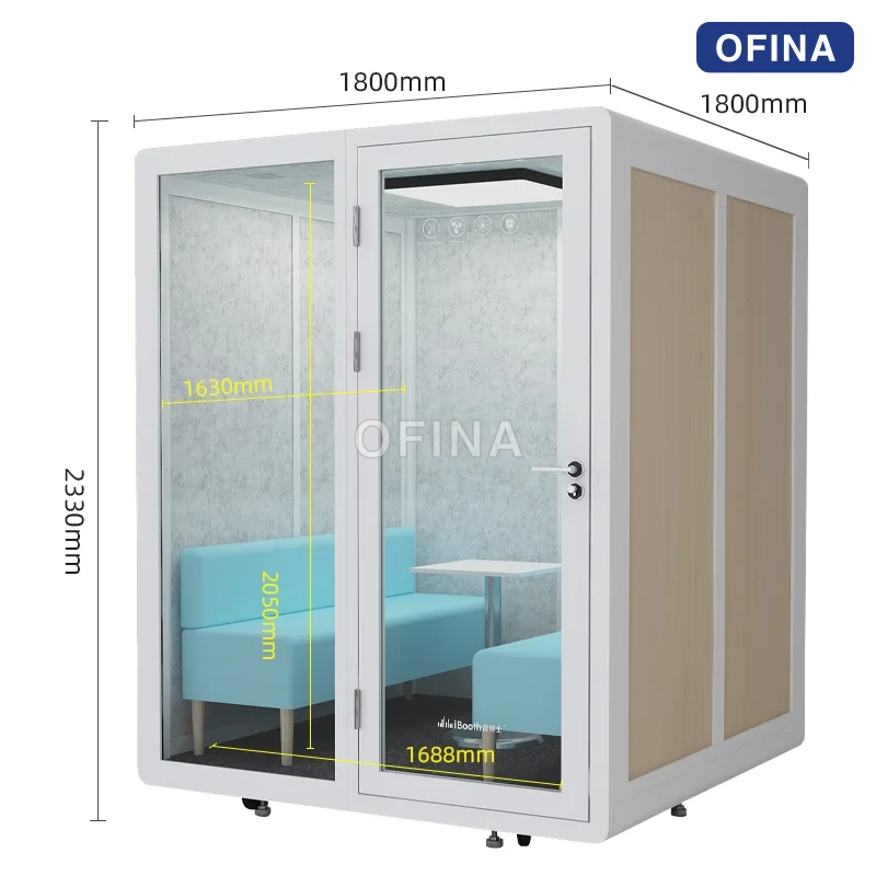 Sơ đồ kích thước cabin 6 người: phủ bì 1800 × 1800 × 2330 mm, lòng trong 1688 × 1650 × 2035 mm