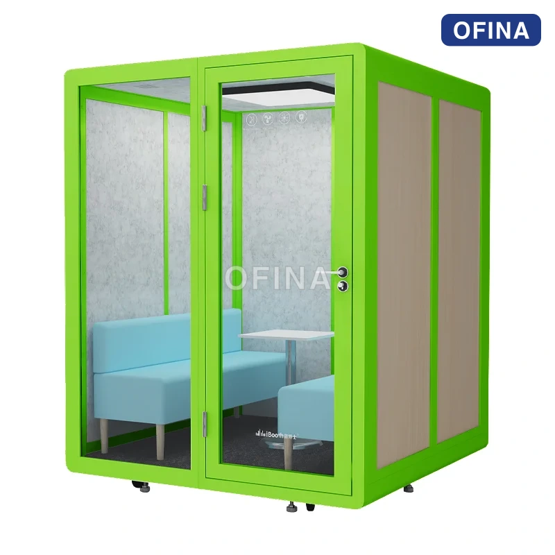 Cabin cách âm 6 người vỏ xanh lá — nhìn chính diện qua cửa kính
