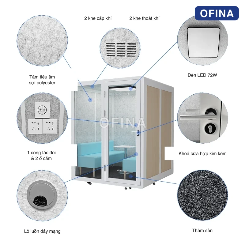 Sơ đồ linh kiện cabin 6 người: tấm tiêu âm sợi polyester, đèn LED 72W, khoá cửa hợp kim kẽm, 2 khe cấp khí, 2 khe thoát khí, 1 công tắc đôi và 2 ổ cắm, lỗ luồn dây mạng, thảm sàn