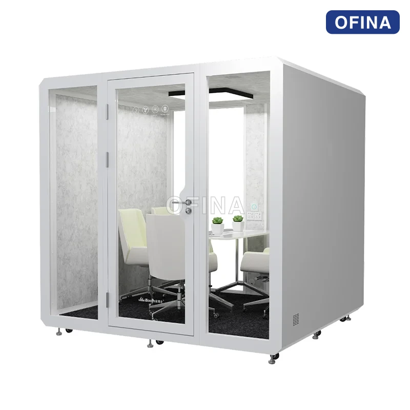 Cabin cách âm 8 người màu trắng — nhìn chính diện, thấy rõ bàn họp và ghế bên trong