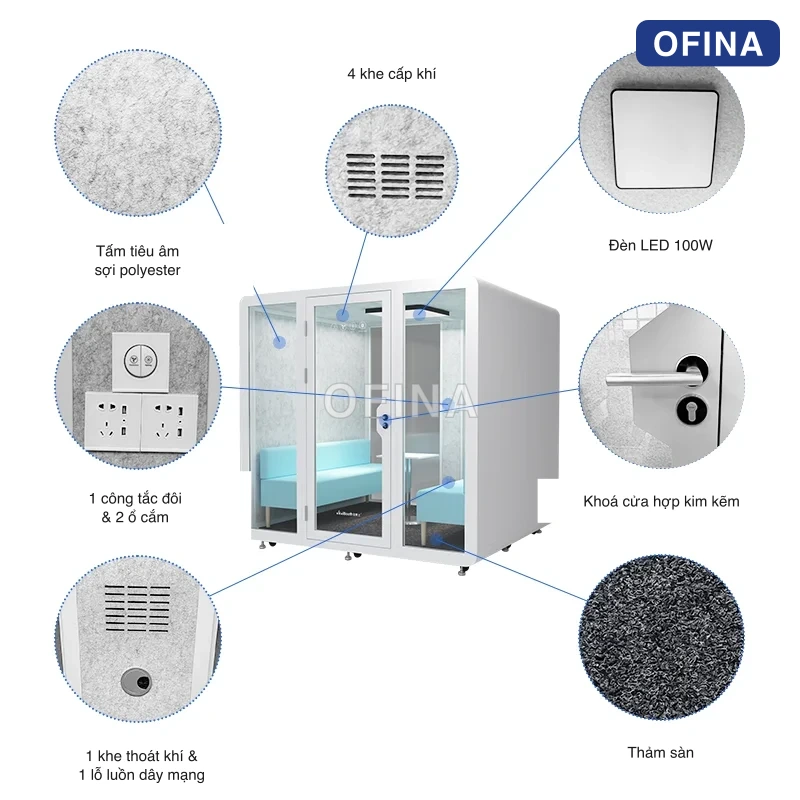 Sơ đồ linh kiện cabin 8 người: tấm tiêu âm sợi polyester, đèn LED 100W, khoá cửa hợp kim kẽm, 4 khe cấp khí, 1 khe thoát khí, 1 công tắc đôi và 2 ổ cắm, lỗ luồn dây mạng, thảm sàn