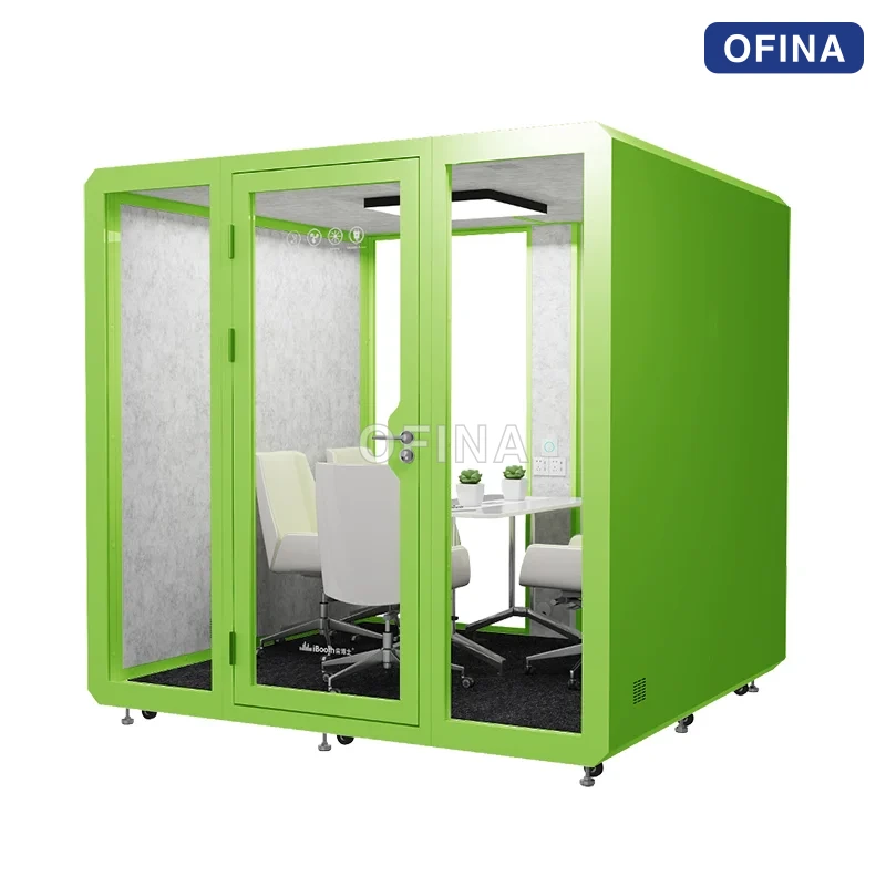 Cabin cách âm 8 người màu xanh lá — góc nghiêng, thấy vách bên và chân chống