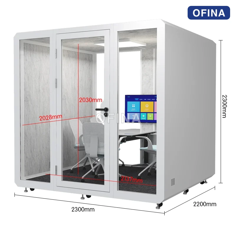 Sơ đồ kích thước cabin 8 người: phủ bì 2300 × 2200 × 2300 mm, chiều cao lòng trong 2030 mm