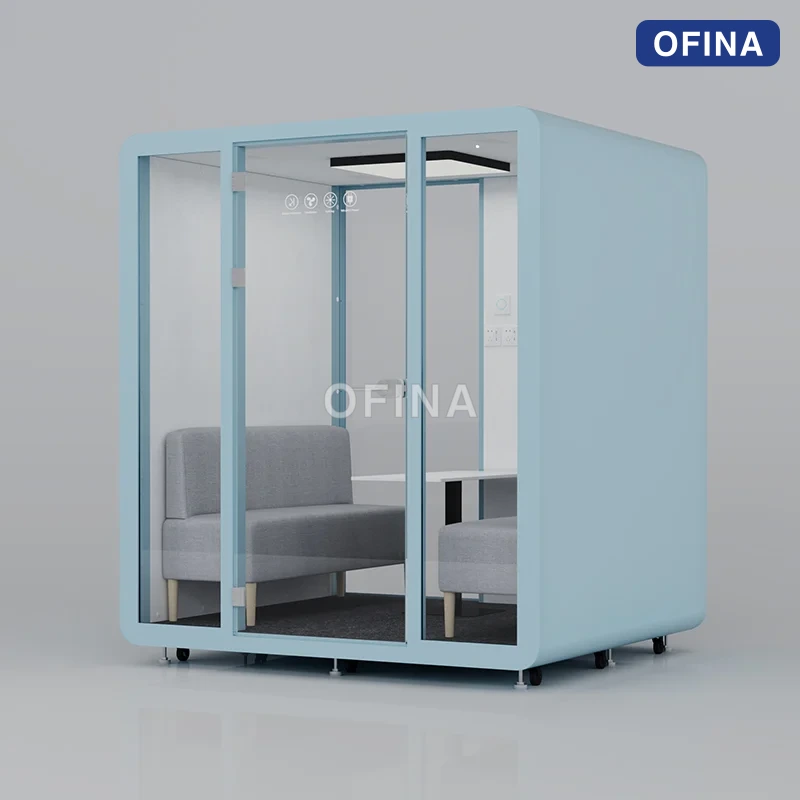 Cabin cách âm BLF-03 vỏ xanh nhạt — góc nghiêng thấy vách bên