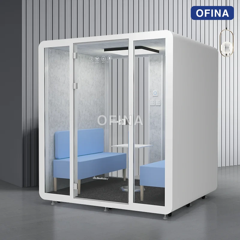 Cabin cách âm BLF-03 vỏ trắng — nhìn chính diện, băng ghế và bàn gắn vách