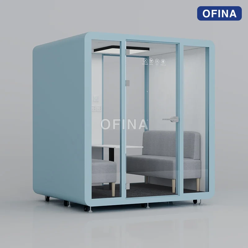 Cabin cách âm BLF-03 vỏ xanh nhạt — góc chéo, bố trí ghế bên trong