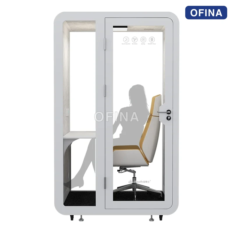 Cabin BLF-04 nhìn ngang — tư thế ngồi làm việc bên trong với bàn gắn vách